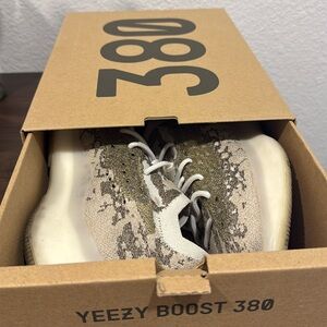 Yeezy Boost 380, Men’s size 9.5, color pyrite, slightly used